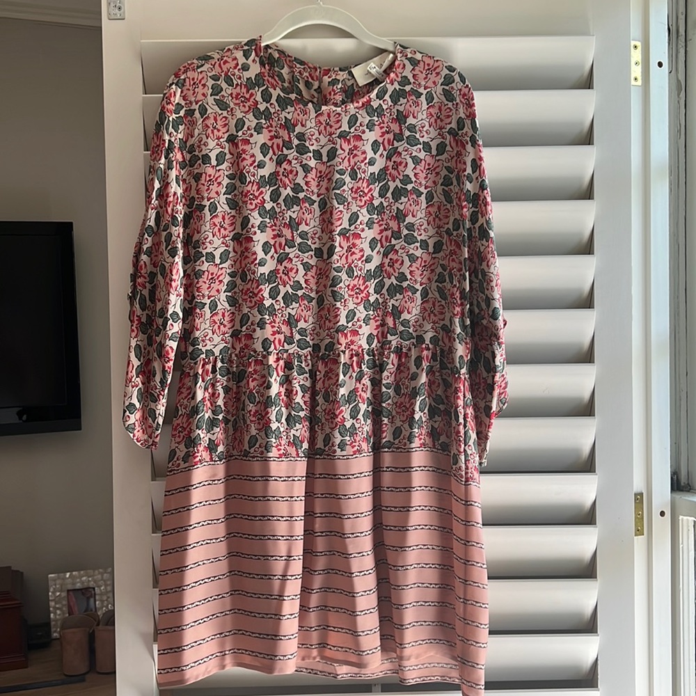 THE GREAT. Pink floral and stripe dress.